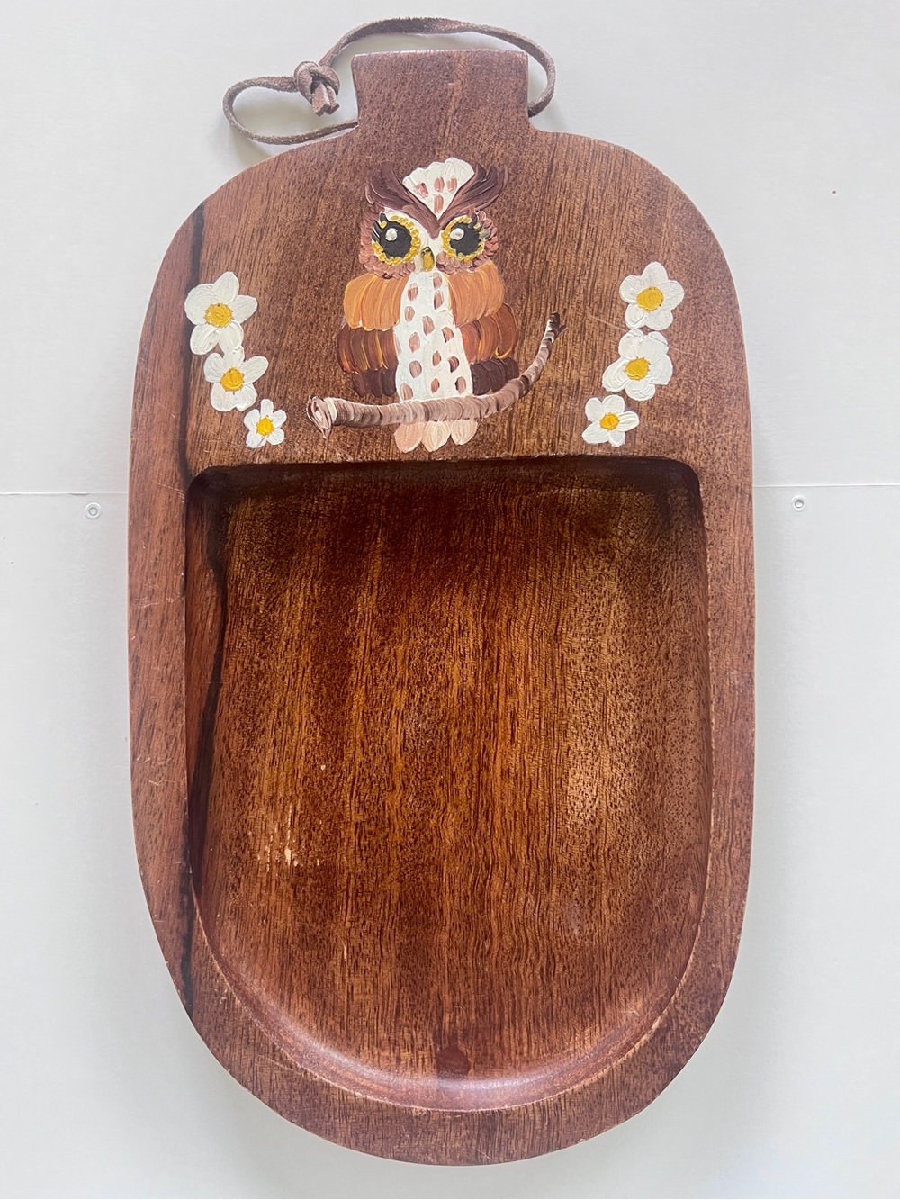 MCM 70s Hand-Painted Owl Wood Hanging Platter Cheese Tray Vintage Wall Art